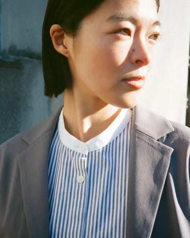 女水洗平織布立領長袖洋裝